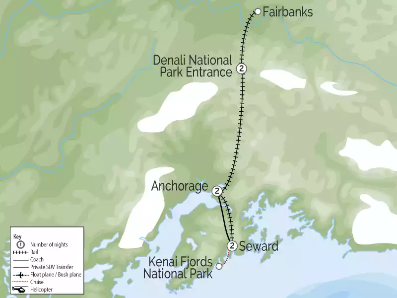 Alaska Trains Glaciers & Denali map