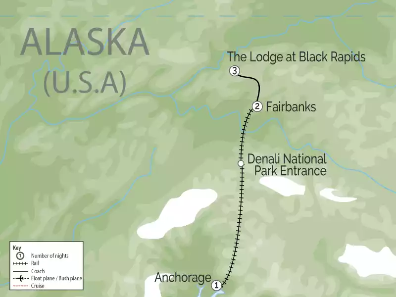 Alaska Aurora Train with Lodge at Black Rapids map