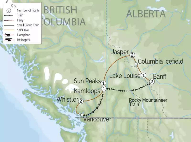 Canadian Rockies Circle by Train and Road Trip map