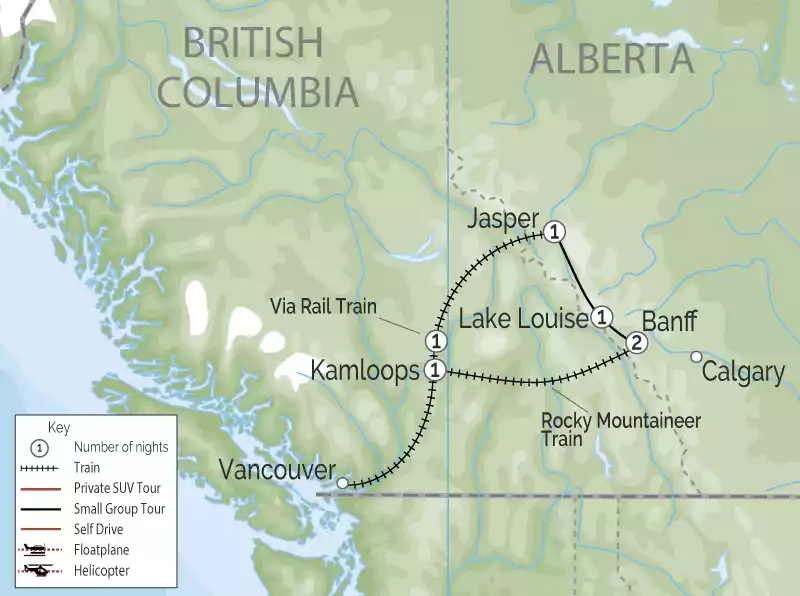 Circle Tour by Train Through the Canadian Rockies Via Rail Rocky Mountaineer Map Circle Tour by Train Through the Canadian Rockies Via Rail Rocky Mountaineer Map