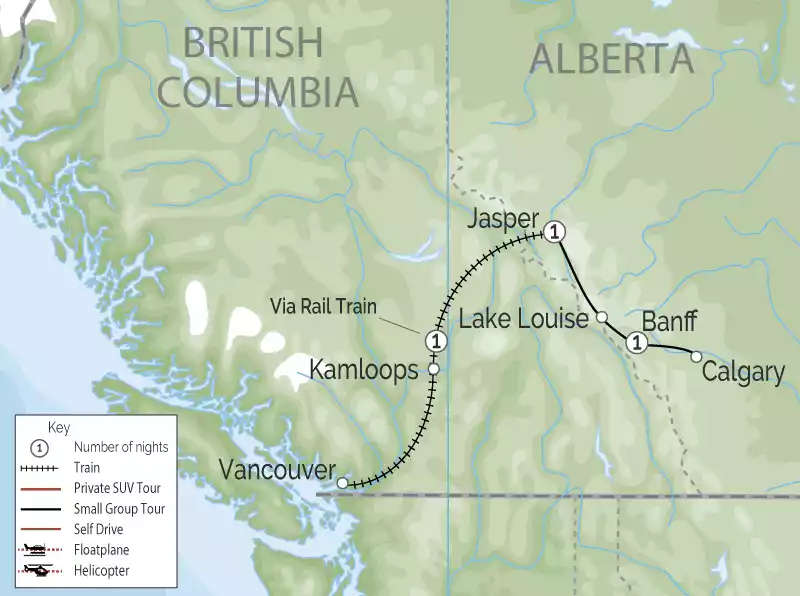 Peaks Glacier of the Rockies by Rail Via Rail Train Map